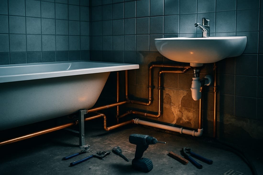 AI-generated concept image for this demo: a bathroom mid re-plumb. Not a real photo of Harris Plumbing & Heating's work.