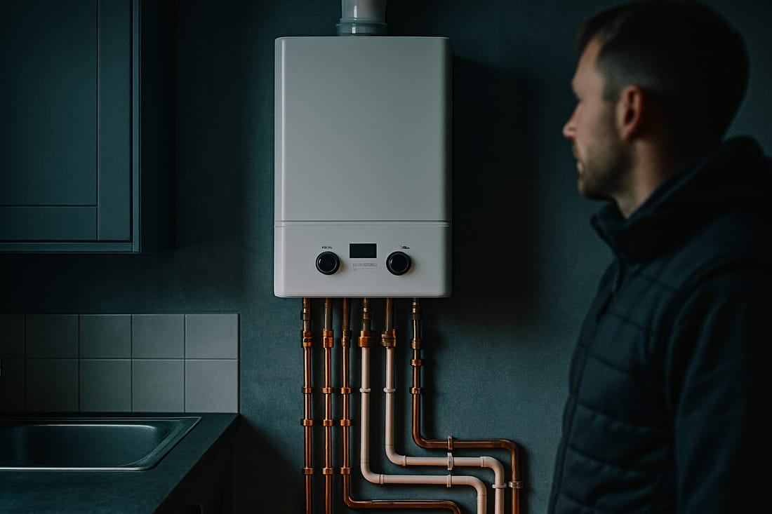 AI-generated concept image for this demo: a newly installed combi boiler with pipework. Not a real photo of Harris Plumbing & Heating's work.
