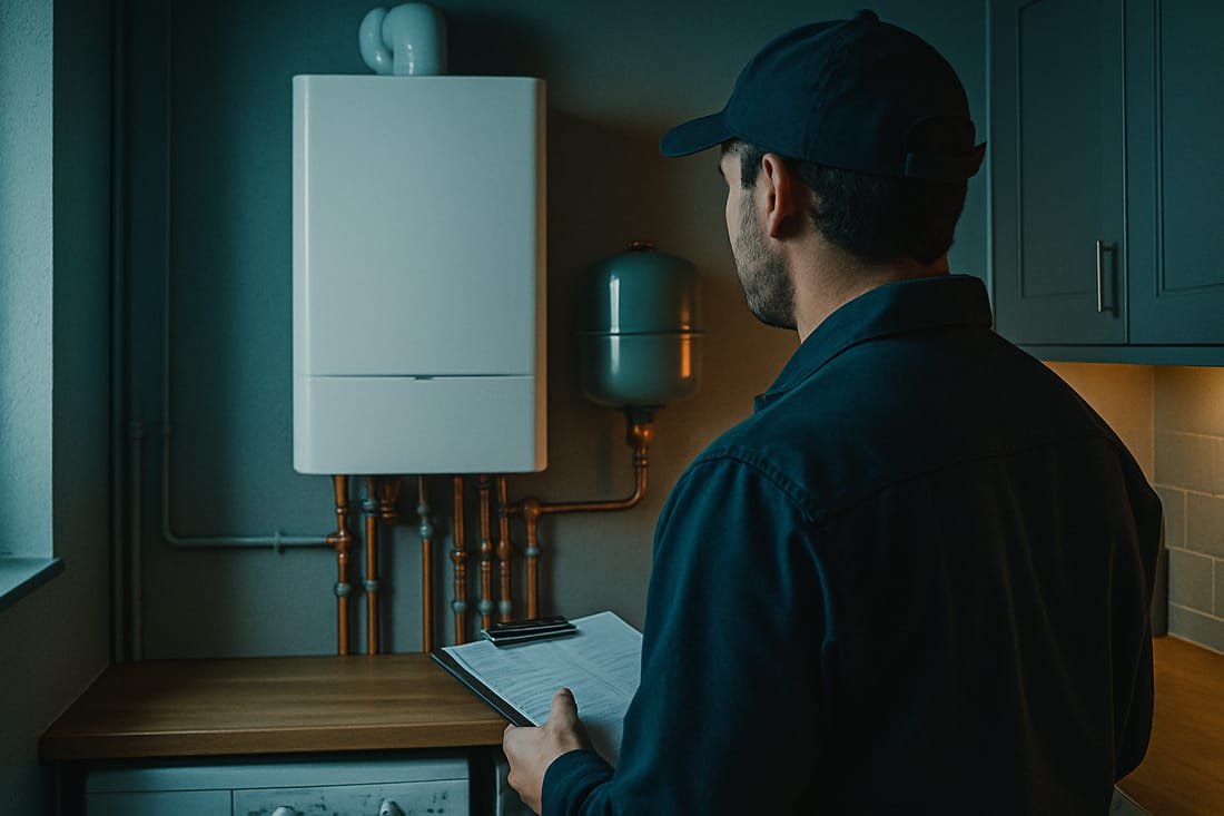 AI-generated concept image for this demo: an engineer reviewing a completed installation. Not a real photo of Harris Plumbing & Heating's work.