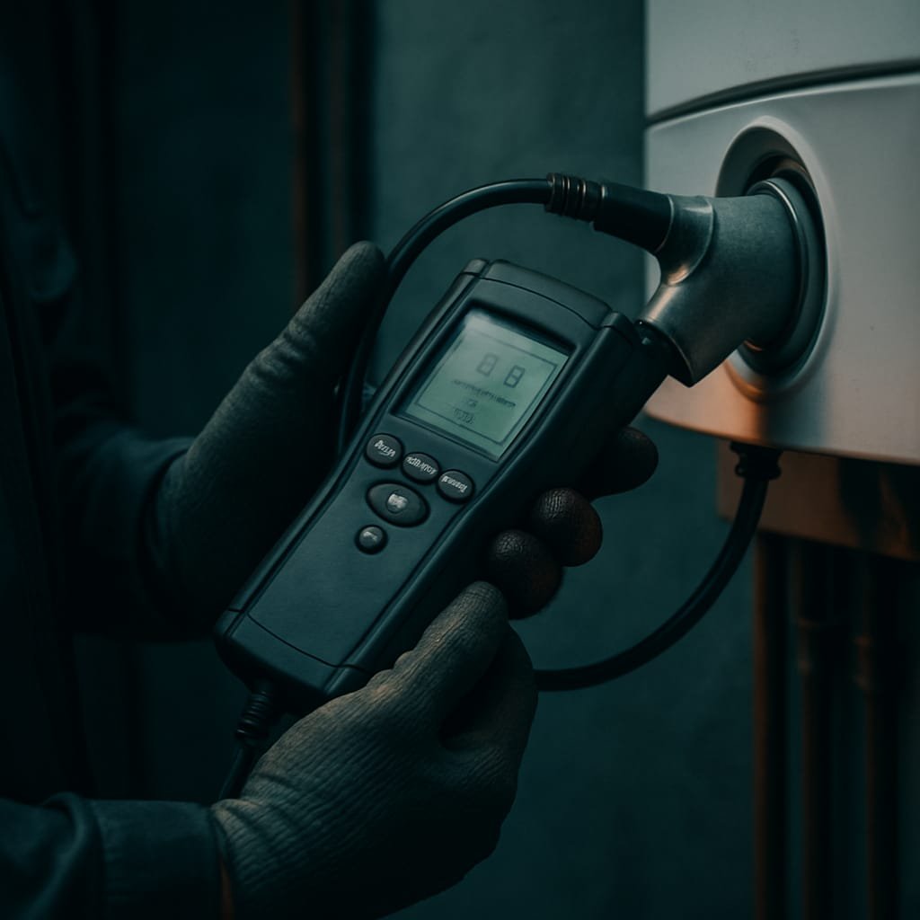 AI-generated concept image for this demo: an engineer performing a gas safety check. Not a real photo of Harris Plumbing & Heating's work.