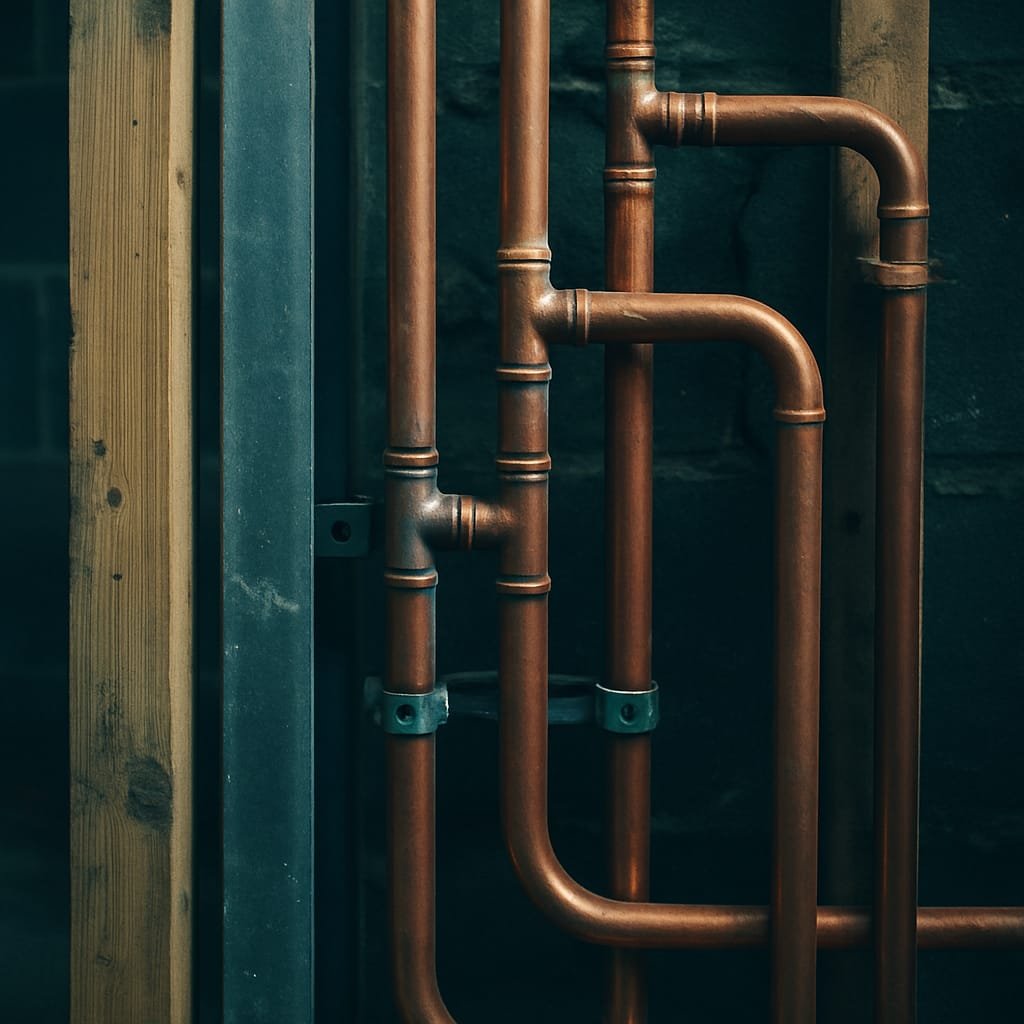AI-generated concept image for this demo: copper pipework first fix. Not a real photo of Harris Plumbing & Heating's work.