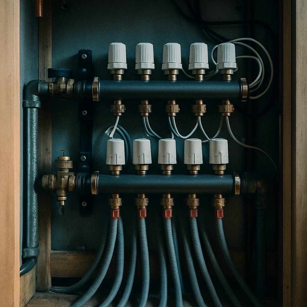 AI-generated concept image for this demo: an underfloor heating manifold. Not a real photo of Harris Plumbing & Heating's work.