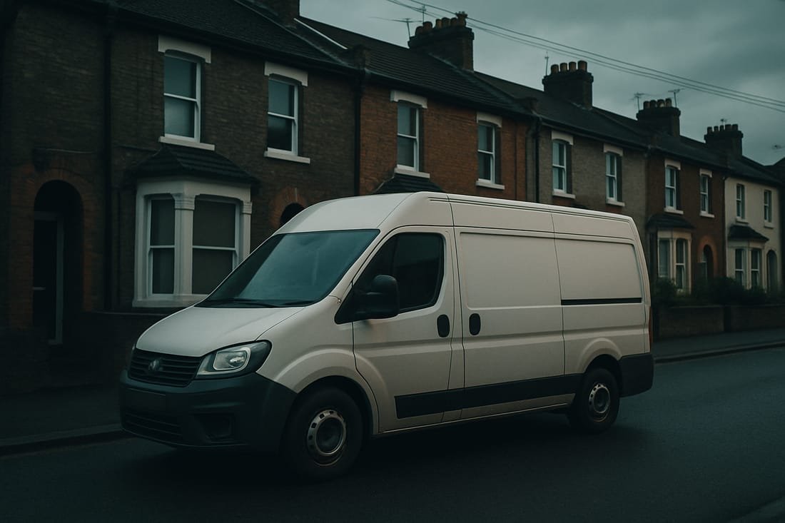 AI-generated concept image for this demo: a plain van on a residential street. Not a real photo of Harris Plumbing & Heating's vehicle.