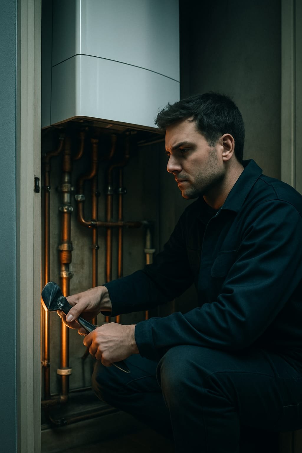 AI-generated concept image for this demo: a heating engineer working on a boiler. Not a real photo of Harris Plumbing & Heating or its staff.